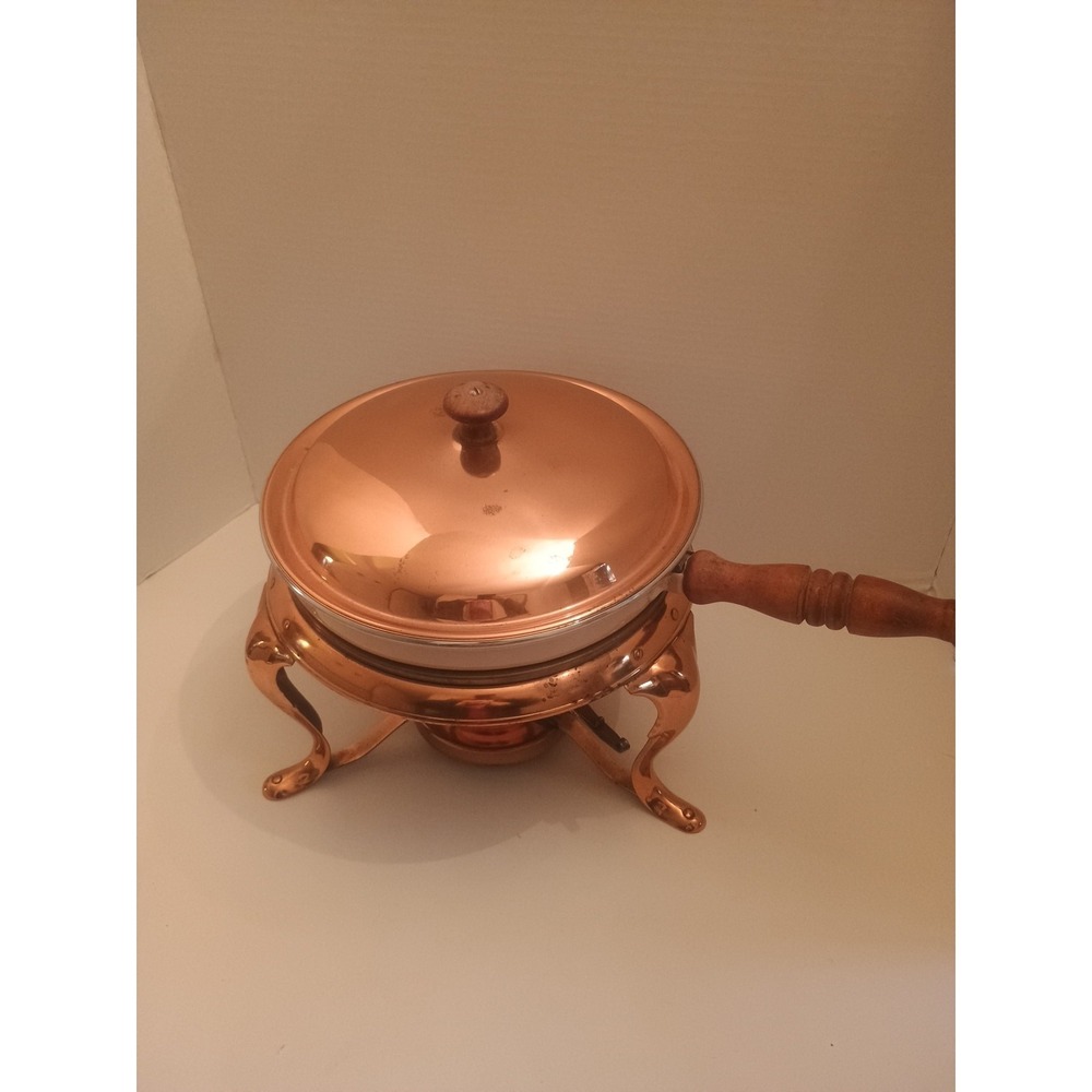 Vintage Copper Brass Skillet Chaffing Dish Fondue Pot with Wood Handle & Stand - Picture 2 of 6